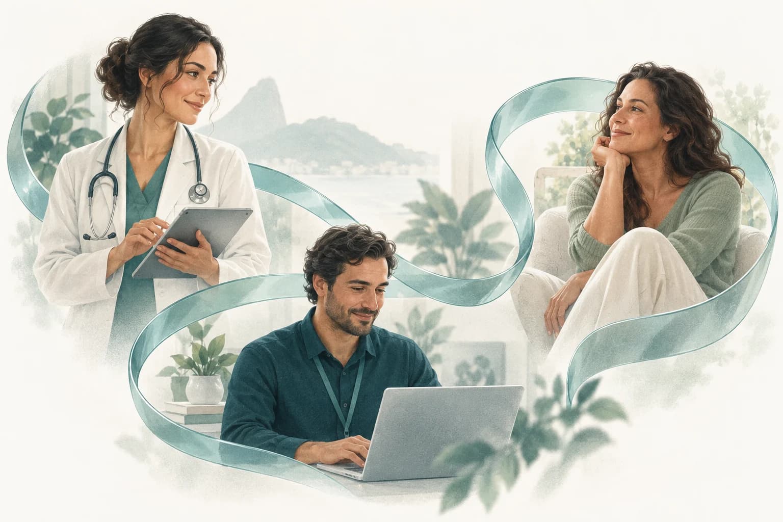 Profissional de saúde, paciente e gestor conectados por uma fita teal em uma ilustração editorial